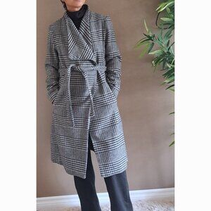 Houndstooth grey and black wrap coat knee length - sz: XS: